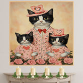 Mother Cat and Kittens in Pink Floral Outfits with Roses Whimsical Tuxedo Cat Family Artwork for Cat Lovers and Cozy Decor on Ready to Hang 1.5" Thick Canvas Wrap, Floating Framed Canvas, Flat Rolled Canvas